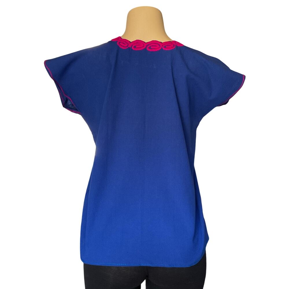 Mexican Blouse Blue Embroidered  Artisanal Cotton Floral  Chiapas Boho Handmade - Picture 2 of 3